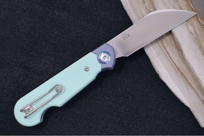 Maniago Knife Makers Jaques - Satin Wharncliffe Blade / CPM-Magnacut Steel Steel / Tiffany Blue G10 with Blue Titanium Bolsters and Liners