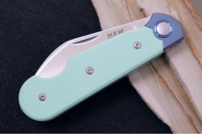 Maniago Knife Makers Jaques - Satin Wharncliffe Blade / CPM-Magnacut Steel Steel / Tiffany Blue G10 with Blue Titanium Bolsters and Liners