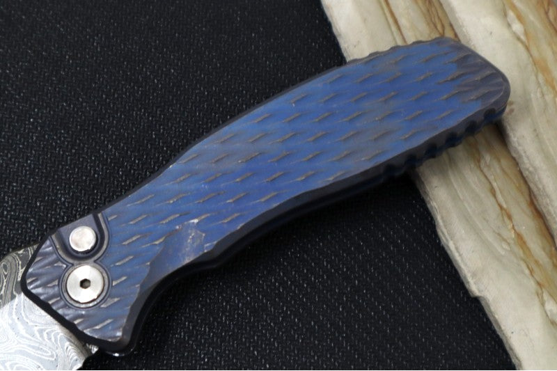 Pro Tech Pallas Auto Blade Show West Exclusive - Distress Blue & Bronzed Anodized Titanium Lattice Textured Handle / Chad Nichols Boomerang Damascus Steel / Black Lip Pearl Push Button / Blue Ti Wide Deep Carry Clip - Northwest Knives