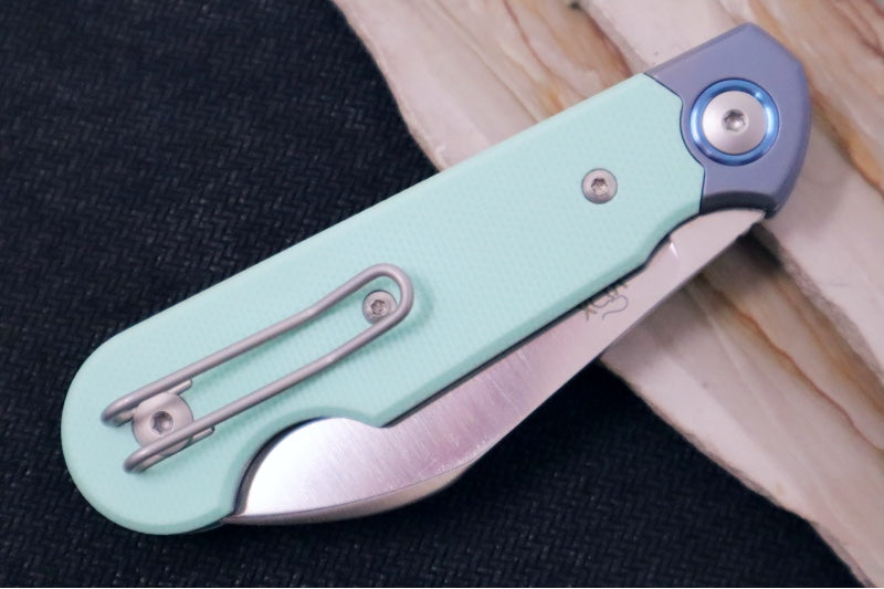 Maniago Knife Makers Jaques - Satin Wharncliffe Blade / CPM-Magnacut Steel Steel / Tiffany Blue G10 with Blue Titanium Bolsters and Liners