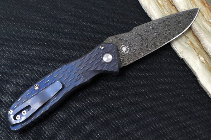 Pro Tech Pallas Auto Blade Show West Exclusive - Distress Blue & Bronzed Anodized Titanium Lattice Textured Handle / Chad Nichols Boomerang Damascus Steel / Black Lip Pearl Push Button / Blue Ti Wide Deep Carry Clip - Northwest Knives