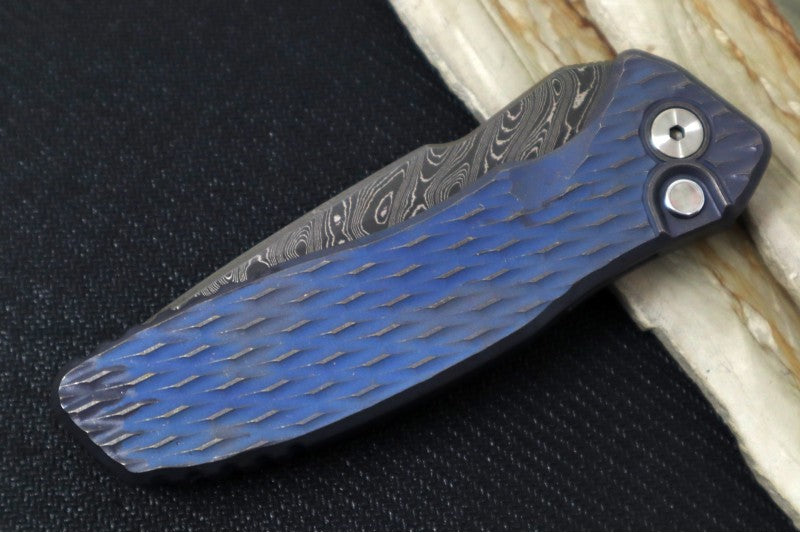 Pro Tech Pallas Auto Blade Show West Exclusive - Distress Blue & Bronzed Anodized Titanium Lattice Textured Handle / Chad Nichols Boomerang Damascus Steel / Black Lip Pearl Push Button / Blue Ti Wide Deep Carry Clip - Northwest Knives