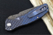 Pro Tech Pallas Auto Blade Show West Exclusive - Distress Blue & Bronzed Anodized Titanium Lattice Textured Handle / Chad Nichols Boomerang Damascus Steel / Black Lip Pearl Push Button / Blue Ti Wide Deep Carry Clip - Northwest Knives