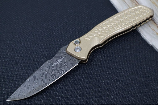 Pro Tech Pallas Auto Blade Show West Exclusive - AlBronze "Weaved" Textured Handle / Chad Nichols Boomerang Damascus Steel / Black Lip Pearl Push Button / Satin Hardware / Blue Ti Wide Deep Carry Clip - Northwest Knives