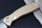Pro Tech Pallas Auto Blade Show West Exclusive - AlBronze "Weaved" Textured Handle / Chad Nichols Boomerang Damascus Steel / Black Lip Pearl Push Button / Satin Hardware / Blue Ti Wide Deep Carry Clip - Northwest Knives