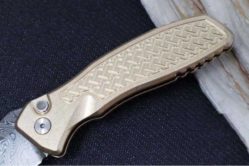 Pro Tech Pallas Auto Blade Show West Exclusive - AlBronze "Weaved" Textured Handle / Chad Nichols Boomerang Damascus Steel / Black Lip Pearl Push Button / Satin Hardware / Blue Ti Wide Deep Carry Clip - Northwest Knives