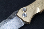 Pro Tech Pallas Auto Blade Show West Exclusive - AlBronze "Weaved" Textured Handle / Chad Nichols Boomerang Damascus Steel / Black Lip Pearl Push Button / Satin Hardware / Blue Ti Wide Deep Carry Clip - Northwest Knives