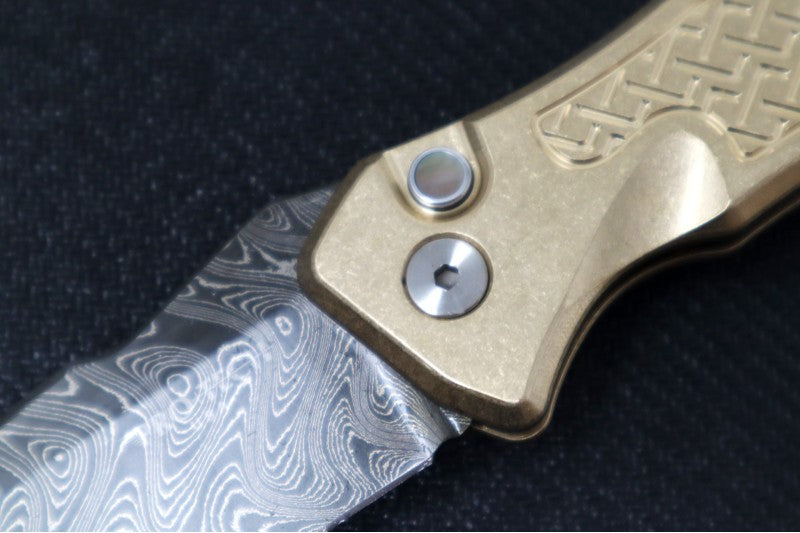 Pro Tech Pallas Auto Blade Show West Exclusive - AlBronze "Weaved" Textured Handle / Chad Nichols Boomerang Damascus Steel / Black Lip Pearl Push Button / Satin Hardware / Blue Ti Wide Deep Carry Clip - Northwest Knives