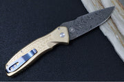 Pro Tech Pallas Auto Blade Show West Exclusive - AlBronze "Weaved" Textured Handle / Chad Nichols Boomerang Damascus Steel / Black Lip Pearl Push Button / Satin Hardware / Blue Ti Wide Deep Carry Clip - Northwest Knives