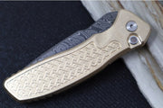 Pro Tech Pallas Auto Blade Show West Exclusive - AlBronze "Weaved" Textured Handle / Chad Nichols Boomerang Damascus Steel / Black Lip Pearl Push Button / Satin Hardware / Blue Ti Wide Deep Carry Clip - Northwest Knives