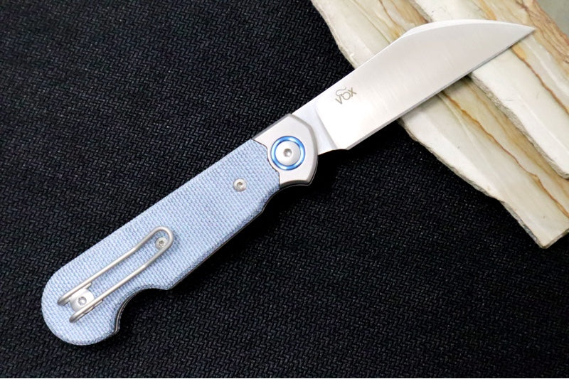 Maniago Knife Makers Jaques - Satin Wharncliffe Blade / CPM-Magnacut Steel / Denim Canvas Micarta Handles with Titanium Bolsters