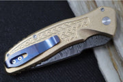 Pro Tech Pallas Auto Blade Show West Exclusive - AlBronze "Weaved" Textured Handle / Chad Nichols Boomerang Damascus Steel / Black Lip Pearl Push Button / Satin Hardware / Blue Ti Wide Deep Carry Clip - Northwest Knives