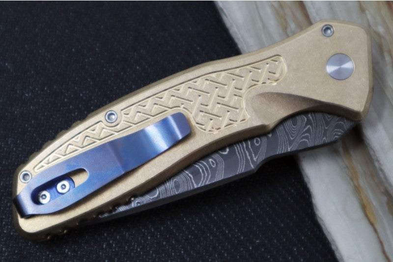 Pro Tech Pallas Auto Blade Show West Exclusive - AlBronze "Weaved" Textured Handle / Chad Nichols Boomerang Damascus Steel / Black Lip Pearl Push Button / Satin Hardware / Blue Ti Wide Deep Carry Clip - Northwest Knives