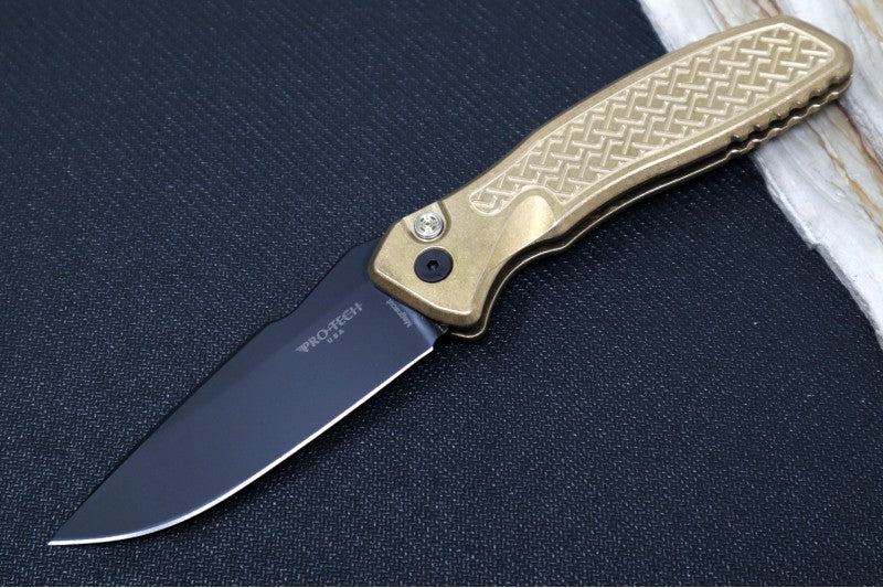 Pro Tech Pallas Auto Blade Show West Exclusive - AlBronze "Weaved" Textured Handle / Black DLC Finished CPM-Magnacut Blade / Mosaic Push Button / Black Hardware / Black DLC Wide Deep Carry Clip - Northwest Knives