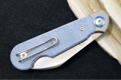 Maniago Knife Makers Jaques - Satin Wharncliffe Blade / CPM-Magnacut Steel / Denim Canvas Micarta Handles with Titanium Bolsters