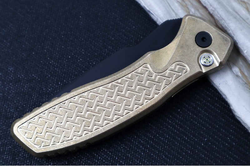 Pro Tech Pallas Auto Blade Show West Exclusive - AlBronze "Weaved" Textured Handle / Black DLC Finished CPM-Magnacut Blade / Mosaic Push Button / Black Hardware / Black DLC Wide Deep Carry Clip - Northwest Knives