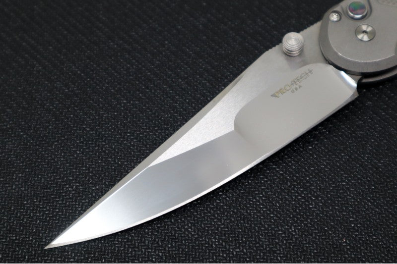 Pro Tech Avalon Peace Neighbor Design Manual Blade Show West Exclusive - Drop Point Blade / Mike Irie Mirror Polished Finish / 154CM Steel / Stonewashed 17-4 Knurled Steel Handle - Northwest Knives