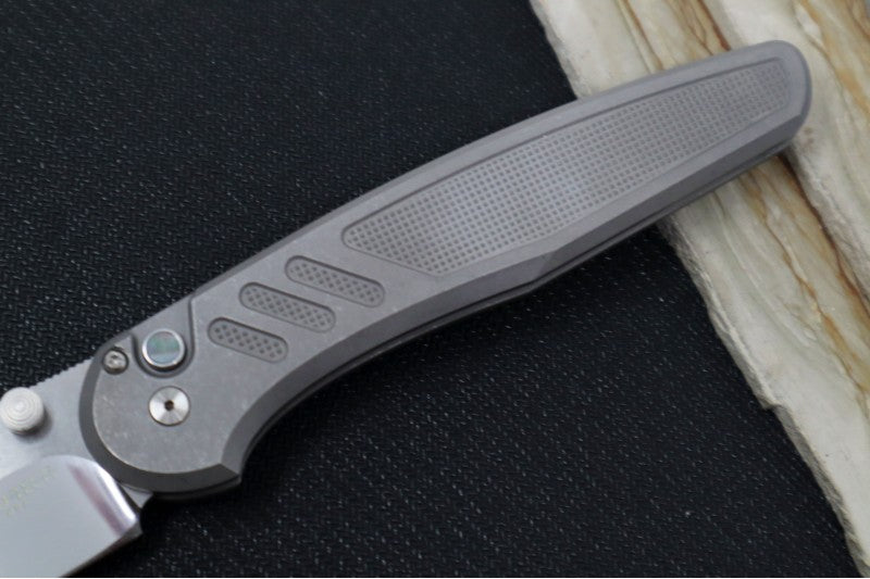 Pro Tech Avalon Peace Neighbor Design Manual Blade Show West Exclusive - Drop Point Blade / Mike Irie Mirror Polished Finish / 154CM Steel / Stonewashed 17-4 Knurled Steel Handle - Northwest Knives