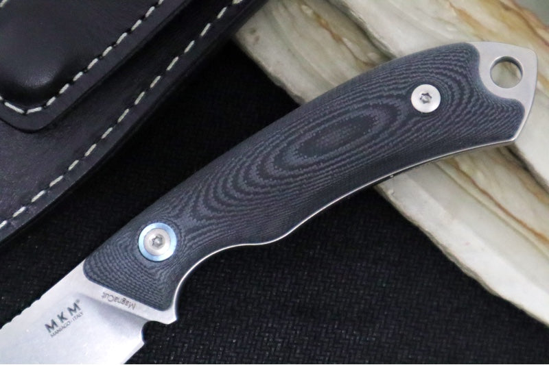 Maniago Knife Makers DCA Pocket Tango 1 Fixed Blade - CPM-Magnacut Steel / Nessmuk Blade / Black G-10 Handle / Leather Sheath