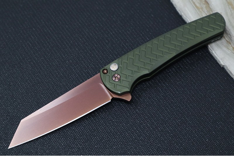 Pro Tech Malibu Blade Show West Exclusive - "Tread" Green Anodized Aluminum Handle / Copper Rose PVD Hardware & Clip / CPM-Magnacut Steel / Reverse Tanto Blade / Black Lip Pearl Push Button Inlay