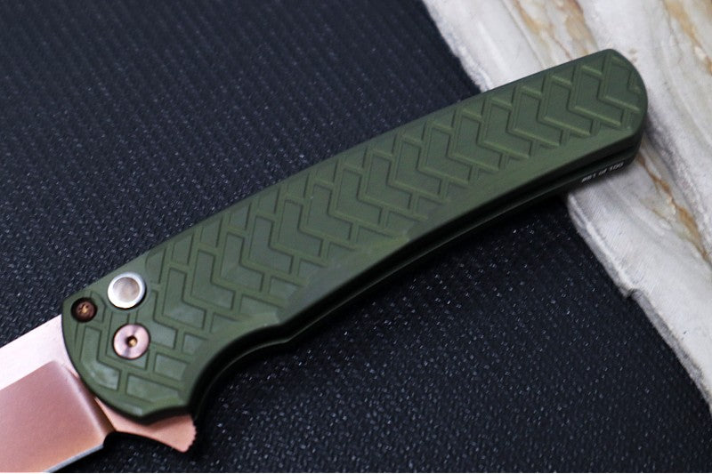 Pro Tech Malibu Blade Show West Exclusive - "Tread" Green Anodized Aluminum Handle / Copper Rose PVD Hardware & Clip / CPM-Magnacut Steel / Reverse Tanto Blade / Black Lip Pearl Push Button Inlay