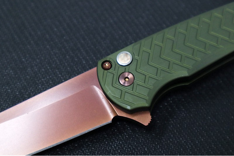Pro Tech Malibu Blade Show West Exclusive - "Tread" Green Anodized Aluminum Handle / Copper Rose PVD Hardware & Clip / CPM-Magnacut Steel / Reverse Tanto Blade / Black Lip Pearl Push Button Inlay