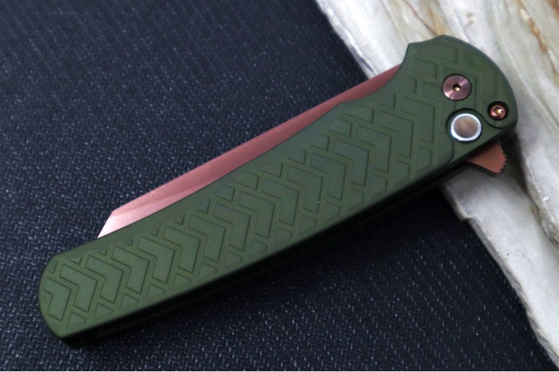 Pro Tech Malibu Blade Show West Exclusive - "Tread" Green Anodized Aluminum Handle / Copper Rose PVD Hardware & Clip / CPM-Magnacut Steel / Reverse Tanto Blade / Black Lip Pearl Push Button Inlay