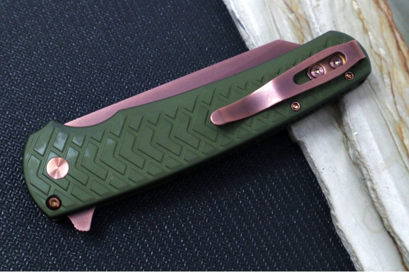 Pro Tech Malibu Blade Show West Exclusive - "Tread" Green Anodized Aluminum Handle / Copper Rose PVD Hardware & Clip / CPM-Magnacut Steel / Reverse Tanto Blade / Black Lip Pearl Push Button Inlay