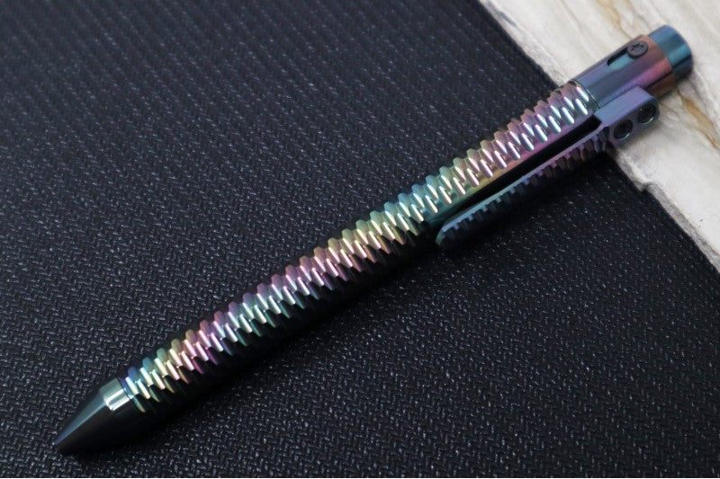 Nottingham Tactical TiButton Single Lock Pen #655 - Right Hand - Parker - Zirconium - Full Carved Machined Clip - Oil Slick Finish