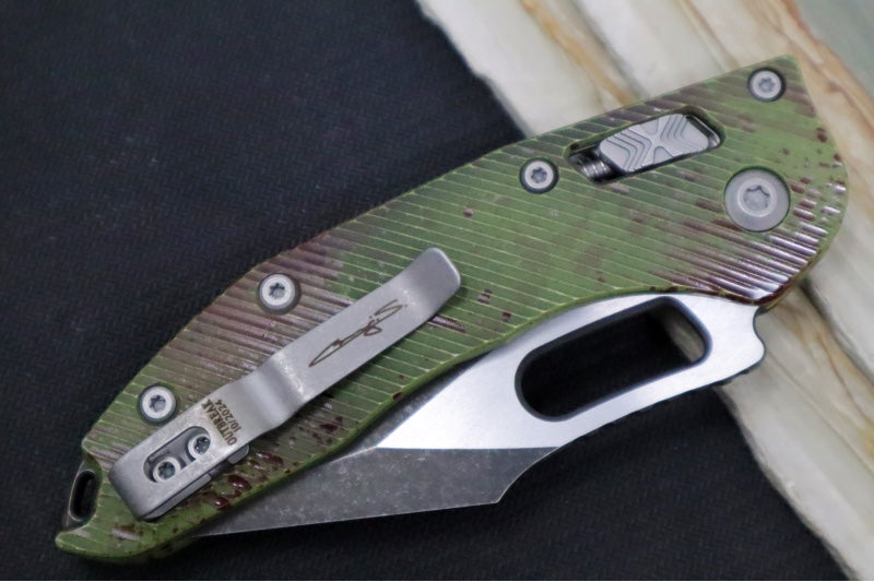 Microtech Stitch RAM-Lock Manual Outbreak - Spear Point Blade / Darkwash Outbreak Finish / Outbreak Green Anodized Aluminum with Blood Splatter 169RL-1FLOBS - Northwest Knives