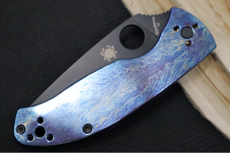 Spyderco Tenacious - Blue Disarray Titanium Handle / Black Blade / D2 Tool Steel - C122TIBLBKD2P - Northwest Knives