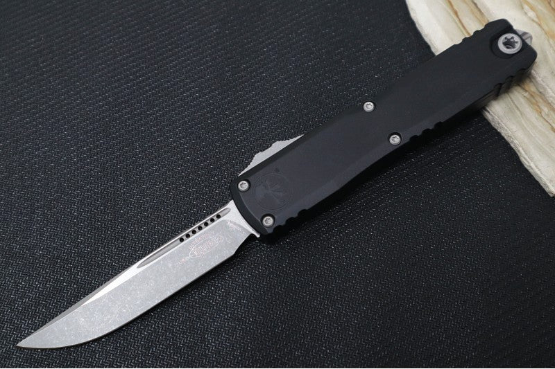 Microtech Ultratech ZBP (Zero Blade Play) OTF - Apocalyptic Finish / Single Edge Blade / Black Anodized Aluminum Handle 1121-10AP - Northwest Knives