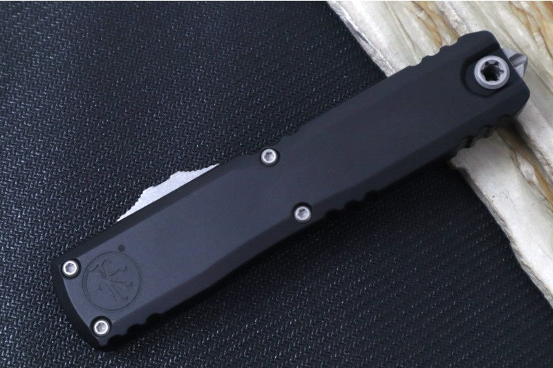 Microtech Ultratech ZBP (Zero Blade Play) OTF - Apocalyptic Finish / Single Edge Blade / Black Anodized Aluminum Handle 1121-10AP - Northwest Knives