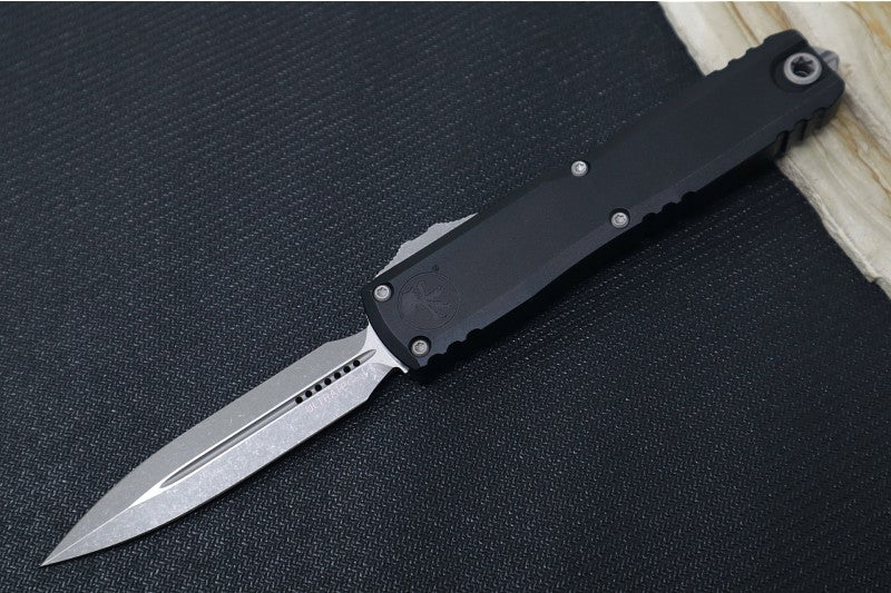 Microtech Ultratech ZBP (Zero Blade Play) OTF - Apocalyptic Finish / Dagger Blade / Black Anodized Aluminum Handle 1122-10AP - Northwest Knives