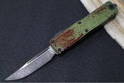 Microtech UTX-85 OTF Gen IV Outbreak Signature Series - Single Edge Blade / Dark Apocalyptic Finish / Green Anodized Aluminum Handle with Blood Splatter 12314-1OBDS - Northwest Knives