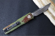 Microtech UTX-85 OTF Gen IV Outbreak Signature Series - Single Edge Blade / Dark Apocalyptic Finish / Green Anodized Aluminum Handle with Blood Splatter 12314-1OBDS - Northwest Knives