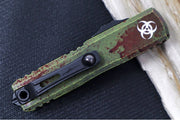 Microtech UTX-85 OTF Gen IV Outbreak Signature Series - Single Edge Blade / Dark Apocalyptic Finish / Green Anodized Aluminum Handle with Blood Splatter 12314-1OBDS - Northwest Knives