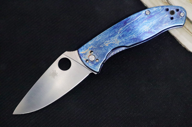 Spyderco Tenacious - Blue Disarray Titanium Handle / Satin Blade / D2 Tool Steel - C122TIBLD2P - Northwest Knives