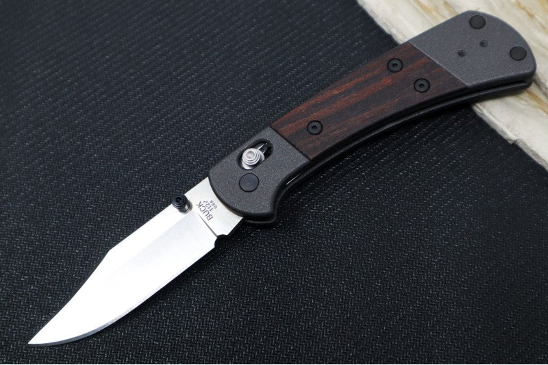 Buck 112 Crossbar Lock Folding Ranger - Clip Point Blade / CPM-Magnacut Steel / Macassar Ebony Wood Handles with Blasted Aluminum Bolsters 14517 - Northwest Knives