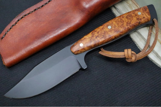 Emery Custom Knives Fixed Blade 4" - Stabilized Box Elder Wood Handle / CPM-S35VN Blade / Hand-Stiched Brown Leather Sheath ZC00062430