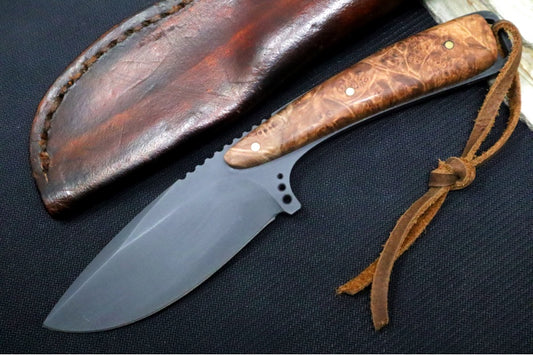 Emery Custom Knives Fixed Blade 4" - Stabilized Box Elder Wood Handle / CPM-S35VN Blade / Hand-Stiched Brown Leather Sheath ZC00062432