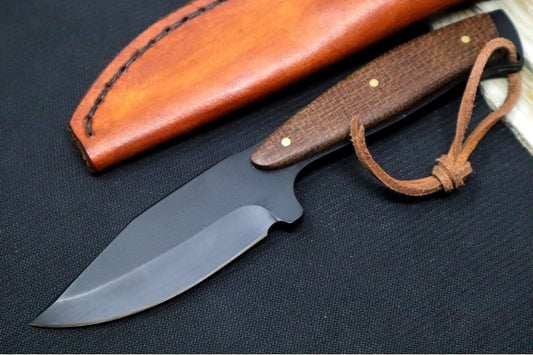 Emery Custom Knives Fixed Blade 3.5" - Brown Burlap Micarta Handle / CPM-S35VN Blade / Hand-Stiched Brown Leather Sheath ZC00062429