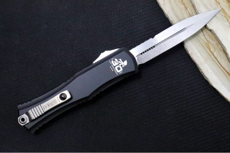 Microtech Mini Hera II OTF 30th Anniversary Edition - Mini Bayonet Blade / Stonewashed Finish / Black Anodized Aluminum Handle 1701M-1030