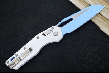 Microtech MSI Manual Folder - Two-Toned Sky Blue Finished Blade / White Polymer w/ Trim-Grip Handle 210T-PMCWH-Y7