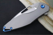 Koenig Arius - Standard with Pinstripe Patterned Handle - Stonewashed Blade with Polished Flats - Blue Spacer (Gen 4) - Northwest Knives