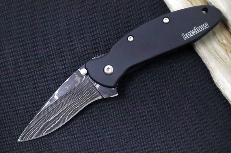 Kershaw 1620DAMCKT Scallion Flipper - Damascus Steel Blade / Black Stainless Steel Aluminum Handle - Northwest Knives