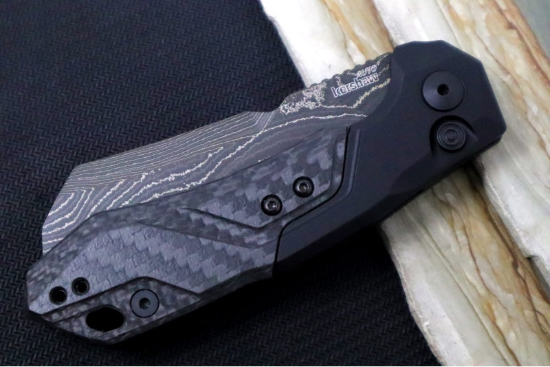 Kershaw Launch 14 Auto - Cleaver Style / Black Damascus Blade / Black Anodized Aluminum Handle with a Carbon Fiber Scale 7850BLKDAM - Northwest Knives