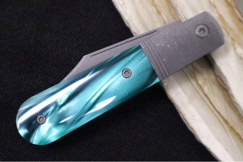 Jack Wolf Knives Big Bro Jack Slip Joint - Kirinite Oz Green Inlay / Dark Blasted & Tumbled Titanium Bolsters / CPM-S90V Steel