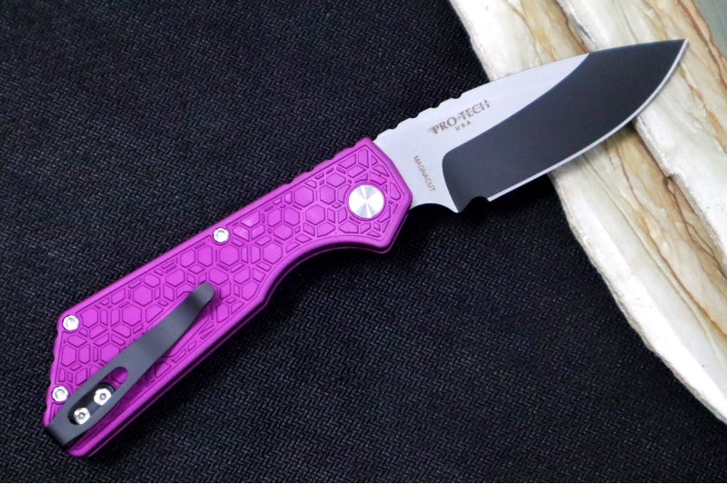 Pro Tech Strider PT+ 008 Custom Auto - "Gridlock" Purple Anodized Aluminum Handle / Black Two-Toned Finish / CPM-Magnacut Steel / Abalone Push Button