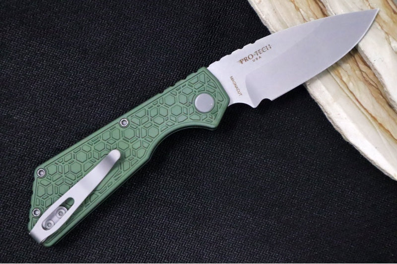 Pro Tech Strider PT+ Auto - "Gridlock" Patterned OD Green Anodized Aluminum Handle / Stonewash Finish / CPM-Magnacut Steel PT205-GridlockGreen